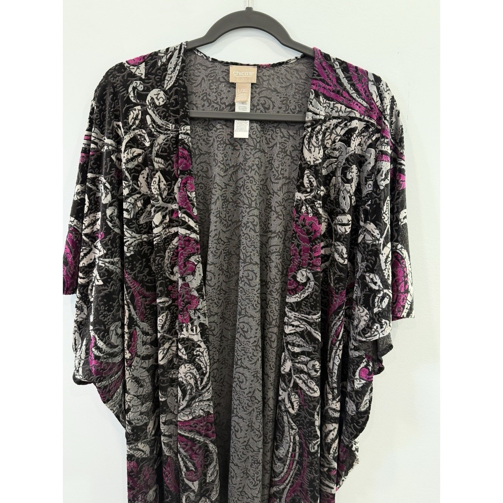 Chico's Velvet Burnout Floral Kimono Cardigan Black Magenta Open Front L/XL
